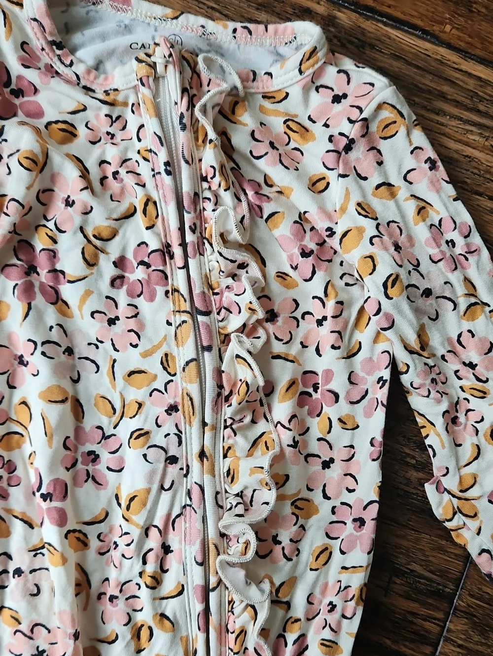 Caden Lane Cream Floral Ruffle Zip Footie in Pink & Yellow 0-3 Months